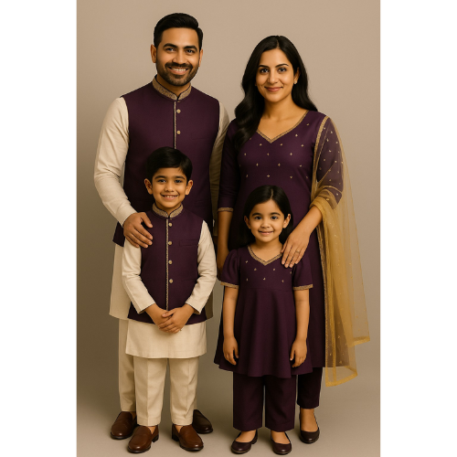 Family wearing coordinated royal plum and ivory raw silk ethnic outfits — father, mother, son, and daughter in traditional Indian attire.