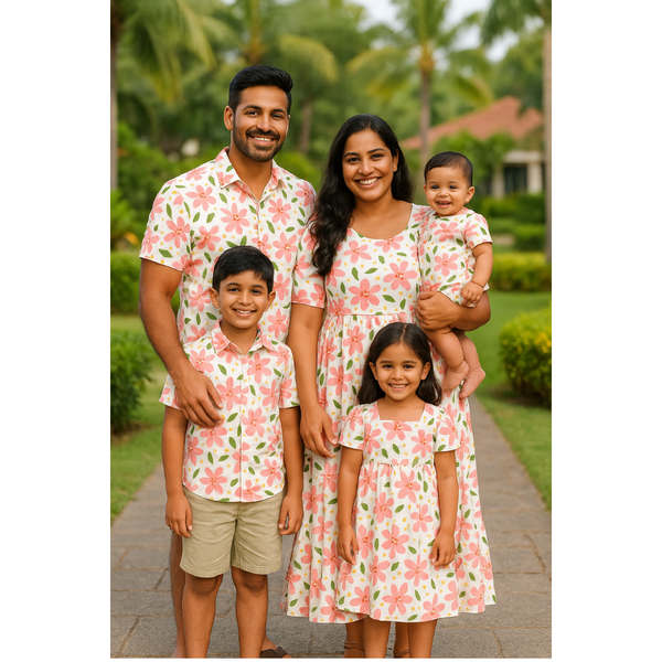South Indian family wearing matching pastel floral outfits standing on a garden pathway
