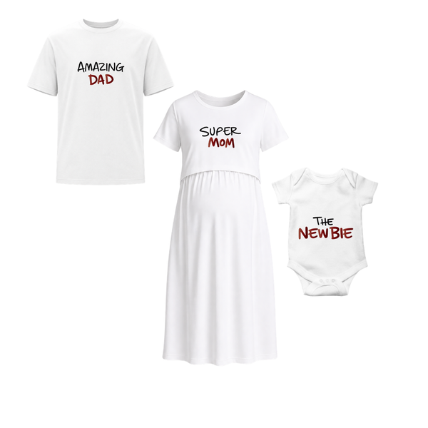 Amazing Dad Super Mom Newbie Personalized Family Combo T-Shirt Set White