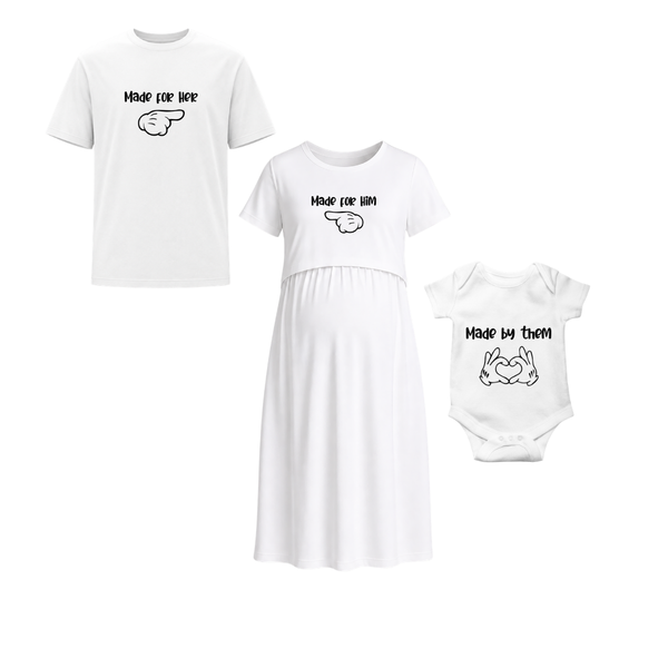 Made For Her Made For Him Family Matching White T-Shirt & Baby Romper Set White