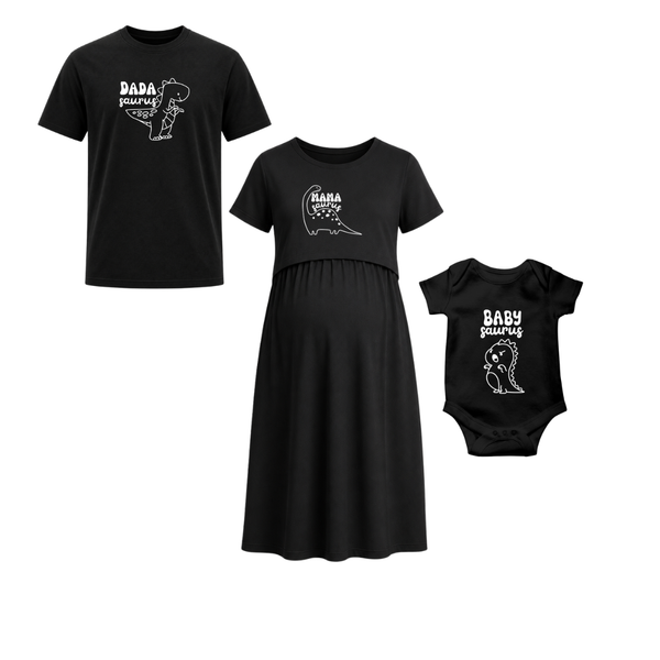 Dinosaur Family Personalized Dad Mama Baby Combo T-Shirt Set Black