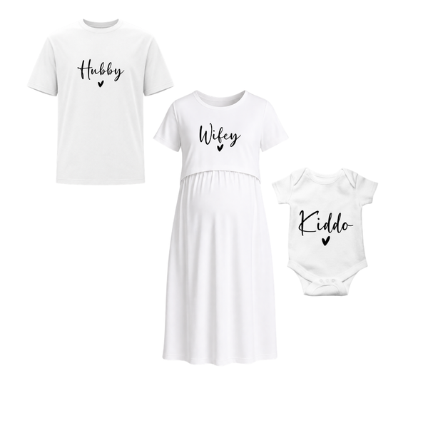 Hubby Wifey Kiddo Personalized Family Combo T-Shirt Set White