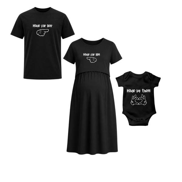 Made For Her Made For Him Family Matching White T-Shirt & Baby Romper Set Black