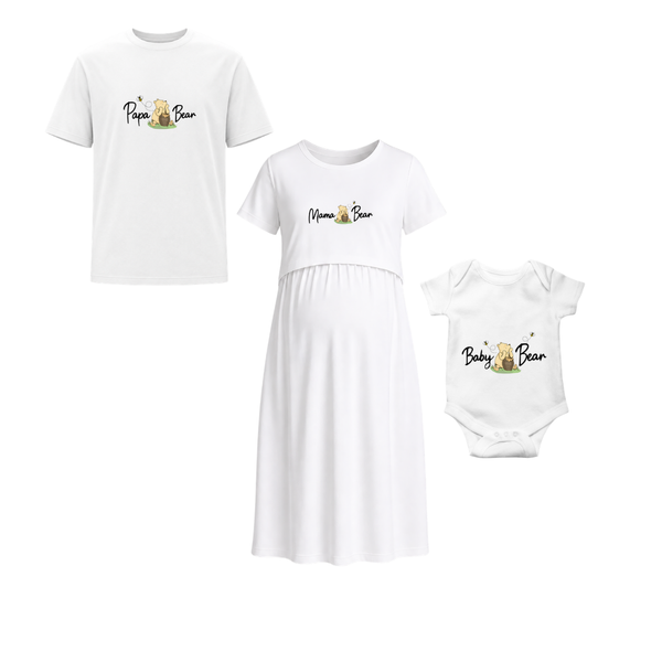 Personalized Bear Family Matching Black T-Shirt Set for Dad, Mom & Baby White