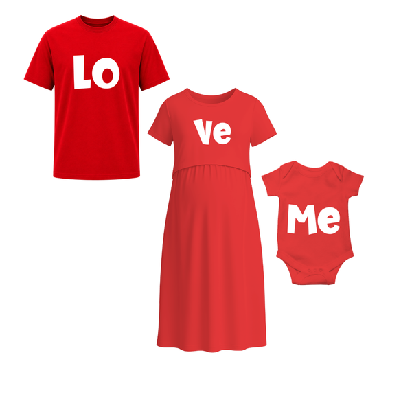 Love Family Matching White T-Shirt & Baby Romper Set  Dad Mom Baby Combo Red