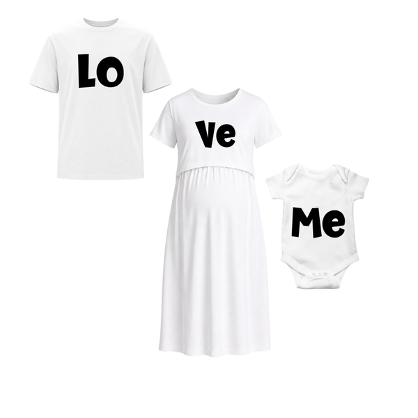 Love Family Matching White T-Shirt & Baby Romper Set  Dad Mom Baby Combo White