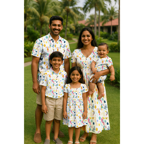"Birds & Blooms Family Outfit Set – coordinated bird, butterfly, and floral print outfits for dad, mom, boy, girl, and baby"