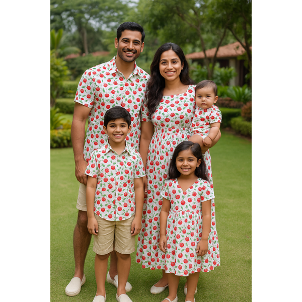 Indian family in coordinated white strawberry print cotton outfits – mom, dad, son, daughter, and baby smiling outdoors in matching summer wear