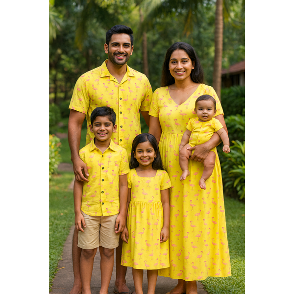 Indian family in matching yellow flamingo print cotton outfits – mom, dad, son, daughter, and baby smiling in coordinated tropical-themed clothing
