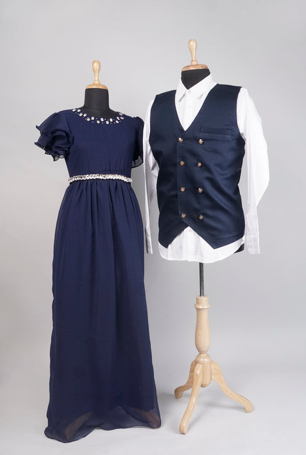 Navy Blue With White Formal Couple Combo Matching Set