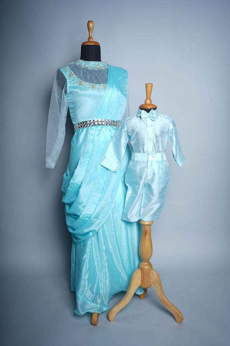 Sky Blue Rawsilk and Chinon and Plain Net With Speacial Embroidery work in Mom and Son Combo