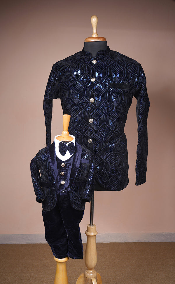 Navy Blue Sequin Embroidered Velvet and Plain Velvet with White Cotton Shirt Dad and Son Combo