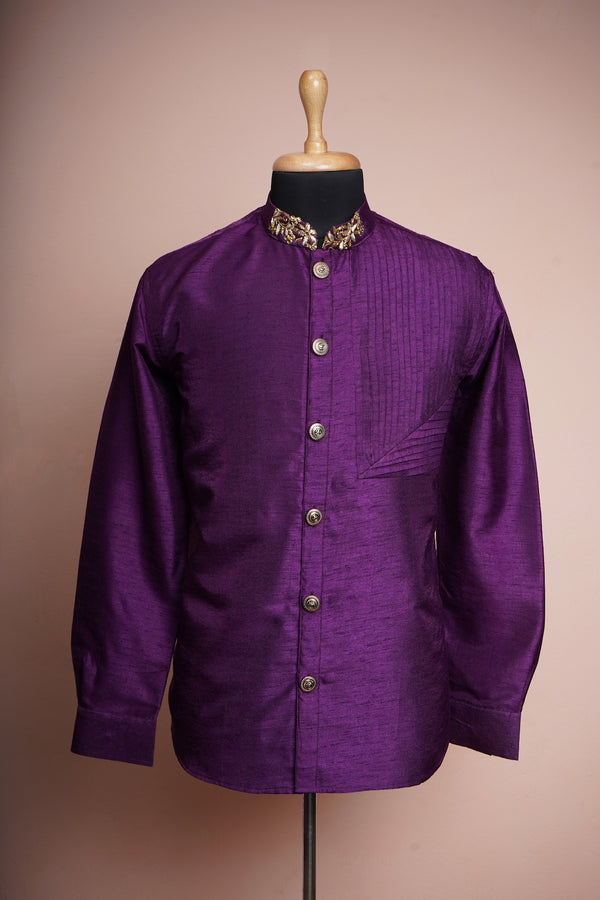 Purple Rawsilk with Special Embroidery work in Mens Pleated Shirt