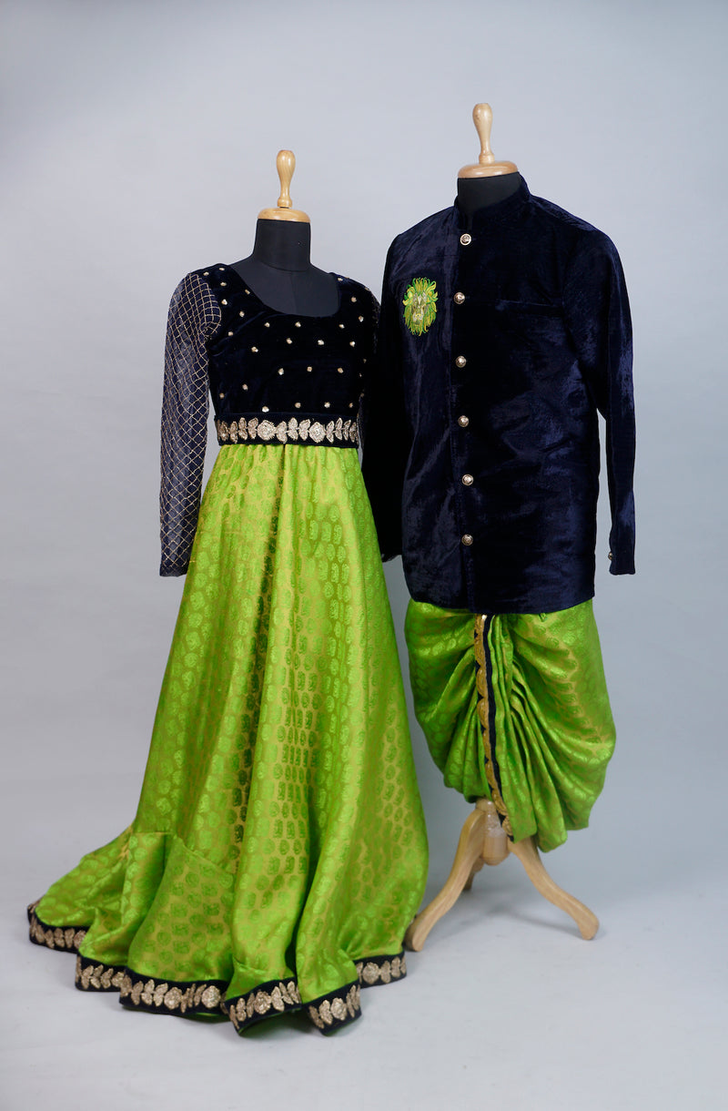 Navy Blue Velvet with Green Couple Combo Matching Set