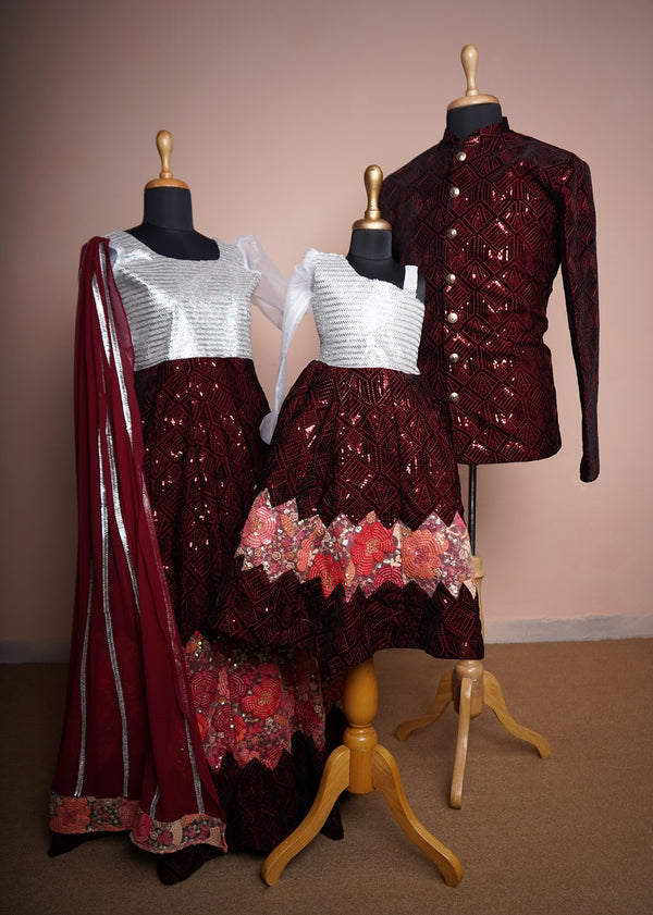 Maroon Sequin Embroiderded Velvet and Embroidered Kali and Plain Georgette with Special Stone work in Family Clothing