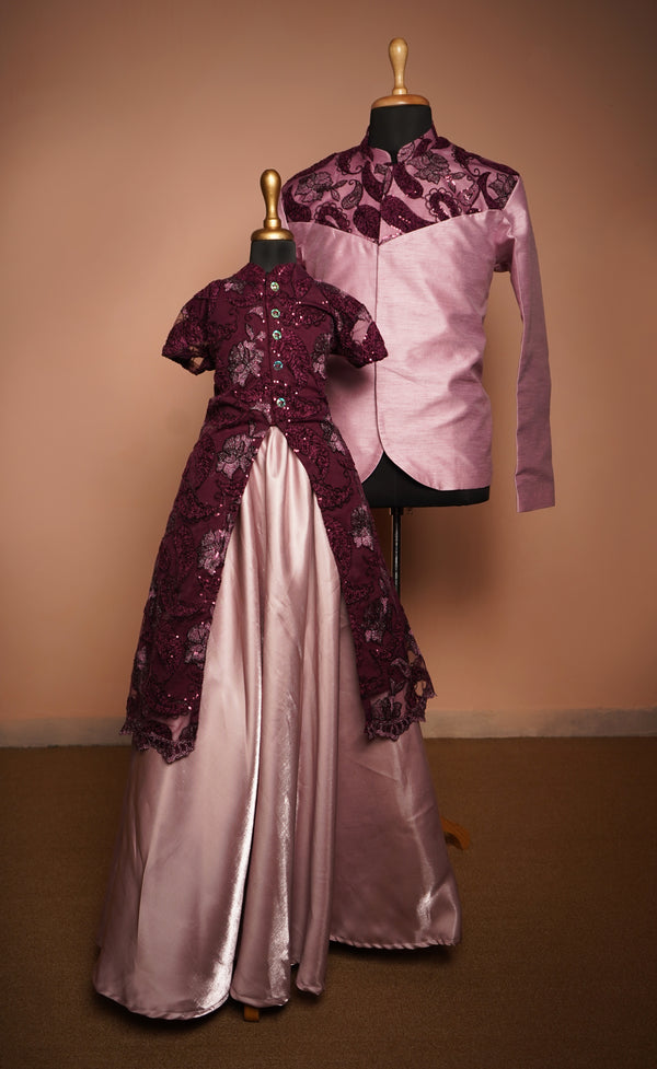Light Purple Rawsilk and Fancy Embroidery net with Satin Dad and Daughter Combo