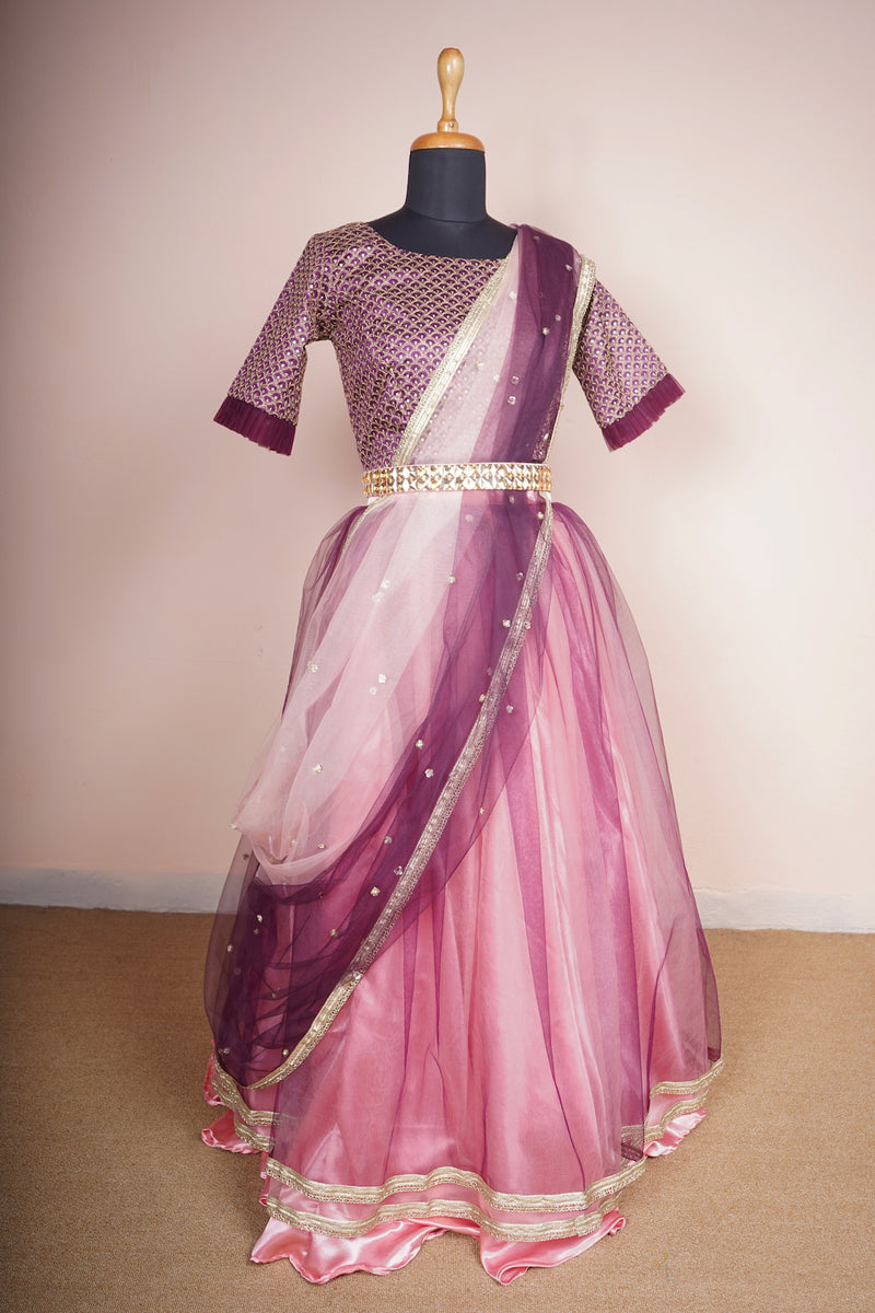 Purple Embroidered Grand Fabric and Butta net and Plain net with Gold Stone Belt Womens Reception Wear