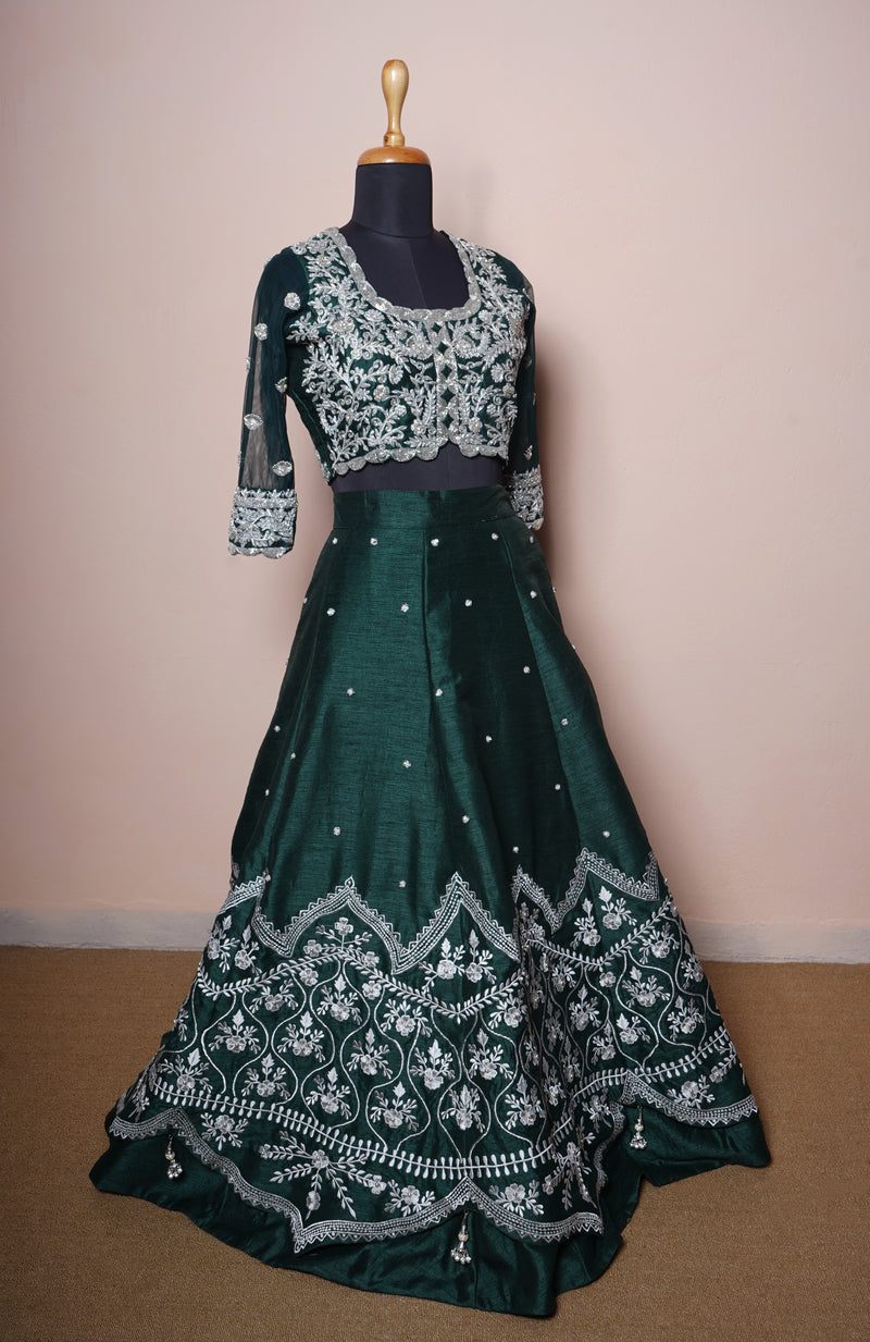 Bottle Green Rawsilk with Special Embroidery work in Womens Reception Wear