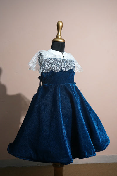 Ocean Blue Velvet and Lace Net Girl kid Birthday Wear