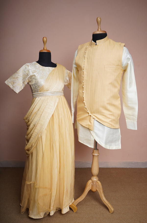 Sandal Lurex and Foil Pleated and Jaquard with Half white Rawsilk Couple Clothing