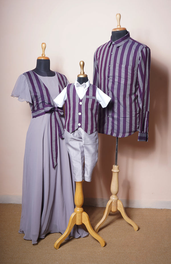 Grey and Purple Stripes Cotton Family Combo