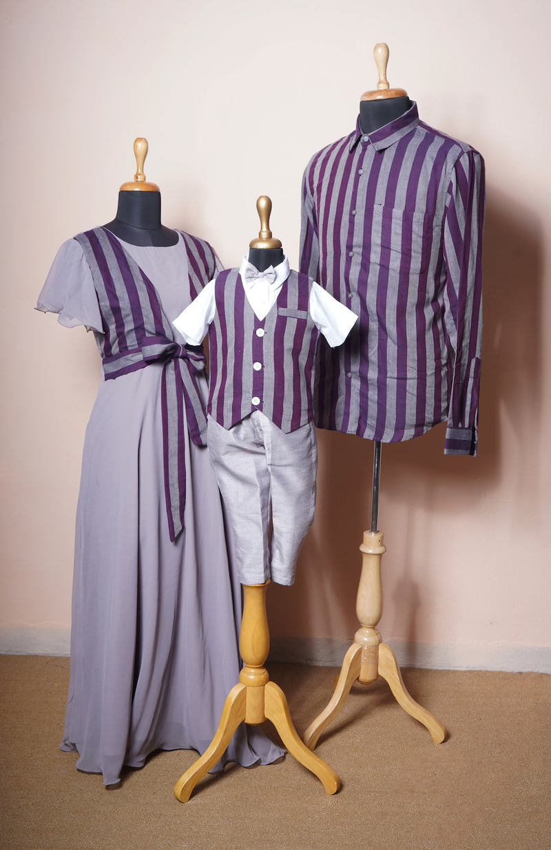 Grey and Purple Stripes Cotton Family Combo