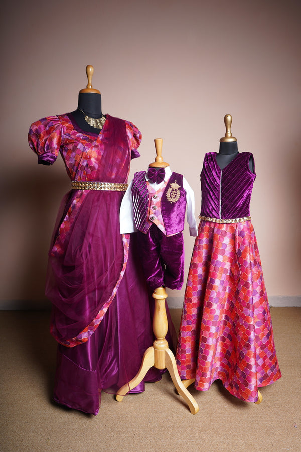 Purple Velvet and Embroidered Grand Fabric with Speacial Embroidery work in Mom and Son Daughter Combo