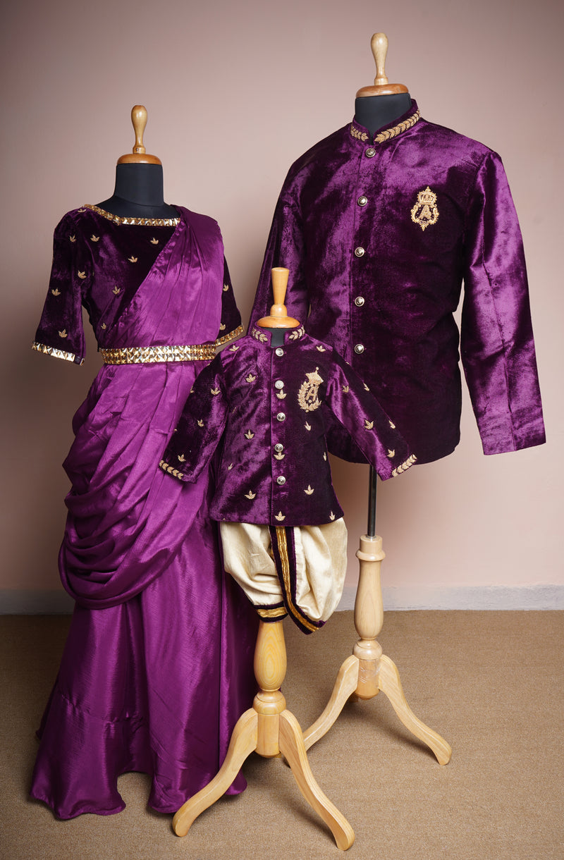 Purple Velvet and Chinon and Special Embroidery work with Gold Stone Belt In Family Clothing