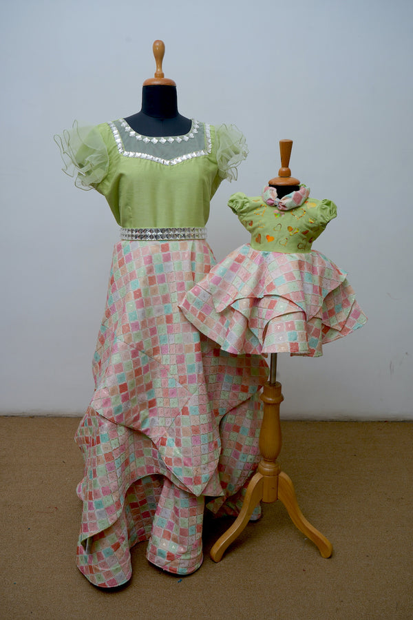 Embroiderefd Multi Coloured and Green Mom and Daughter Combo