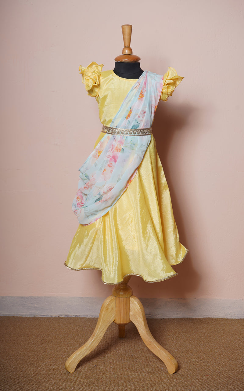 Yellow Plain Chinon and Printed Georgette  Girl kid Birthday Dress