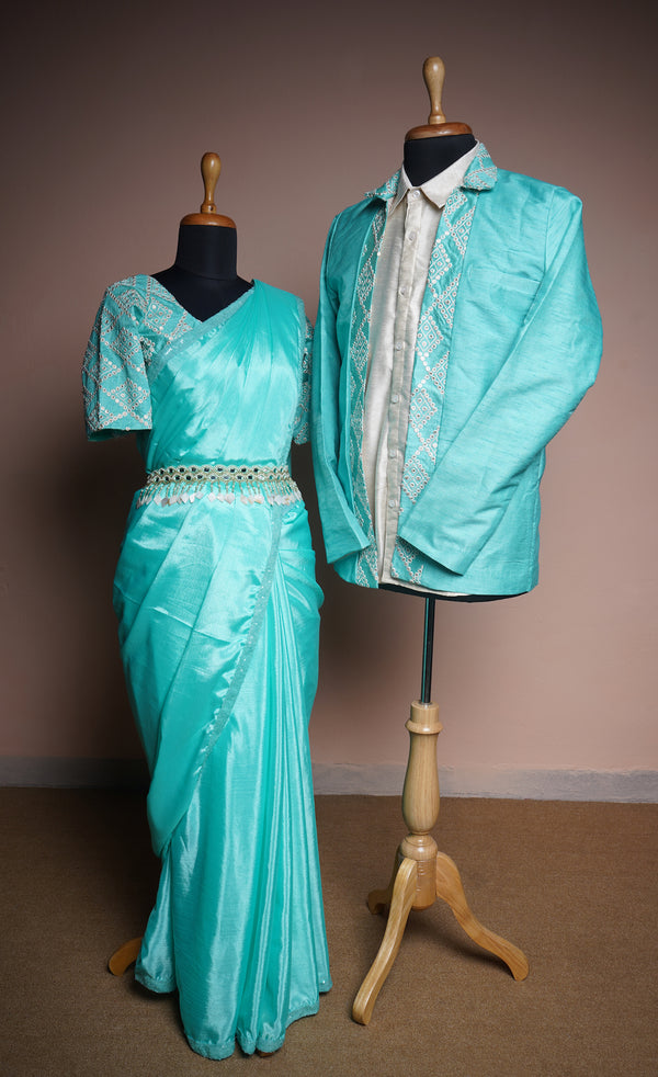 Aqua Green Embroidery Glass Fabric and Chinon with Rawsilk Couple Clothing