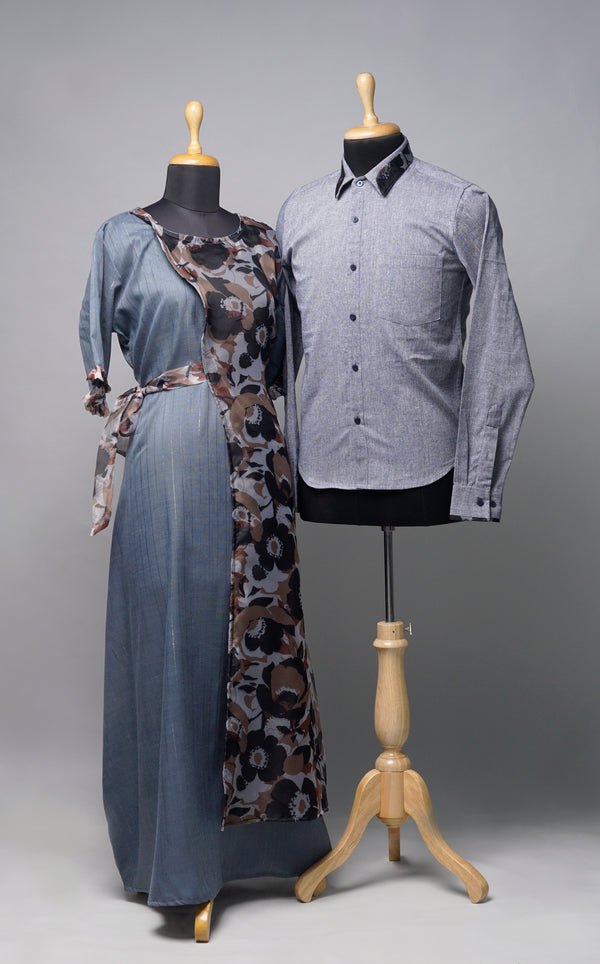 Grey Floral Patched Couple Clothing Set