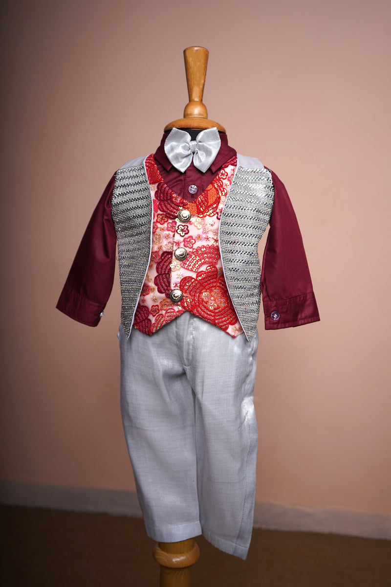 Maroon Corvette and Embroidered kali and Tissue with Special Stone work in Boy kid Birthday Wear