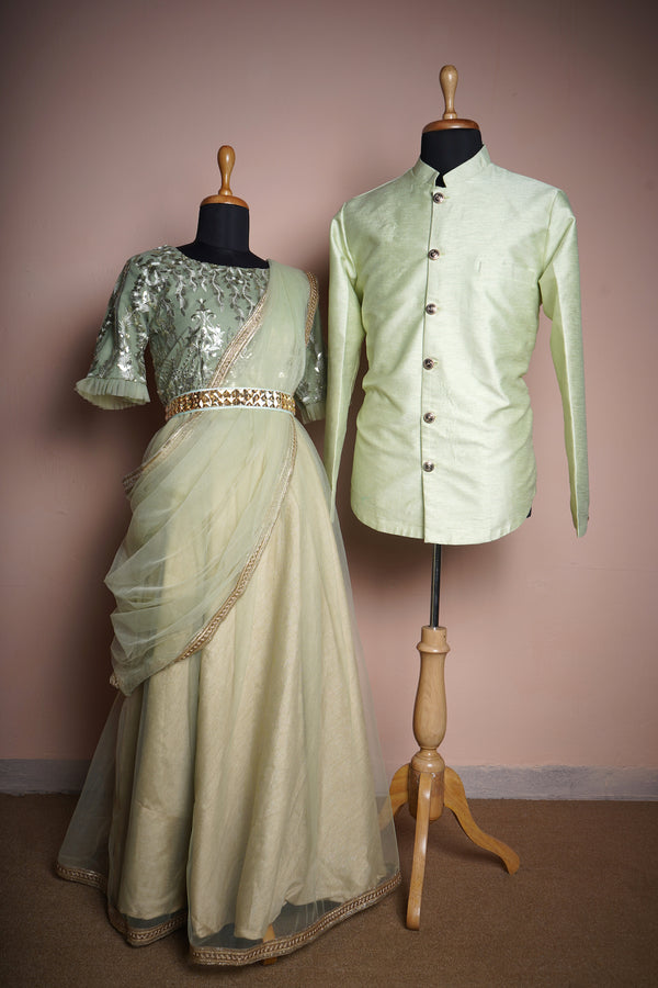 Light Green Fancy Embroidery Net and Rawsilk with Special Gold Stone Belt Couple Clothing