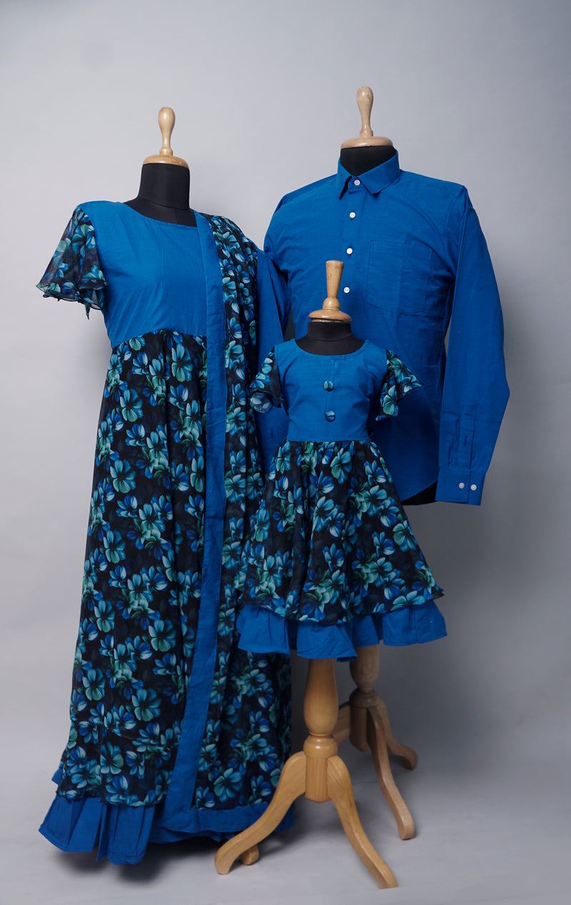 Blue with Black Printed Family Combo Matching Set