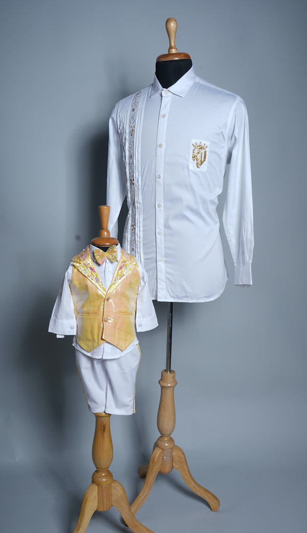 Yellow Organza and White Cotton with Special Embroidery work in Dad and Son Combo