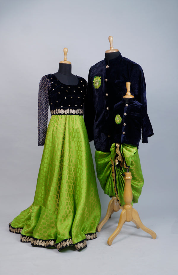 Navy Blue Velvet with Green Family Combo Matching Set