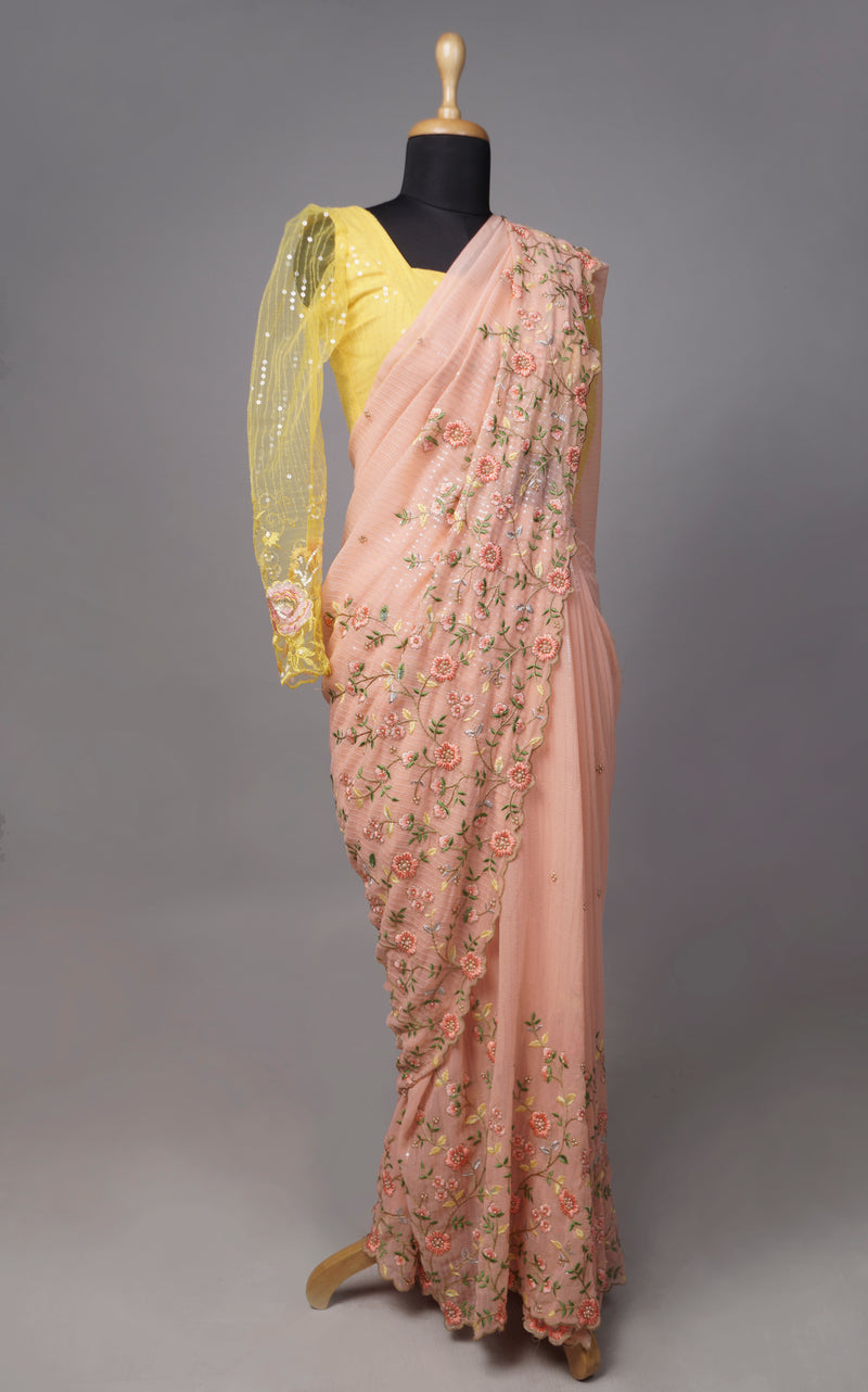 Peach Saree with Yellow Blouse
