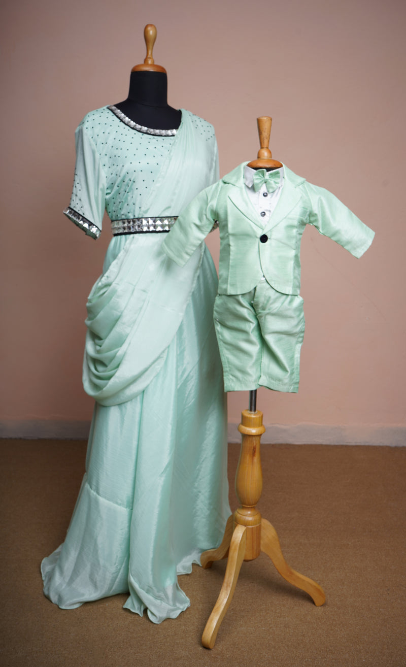 Light Green Rawsilk and Chinon and White Cotton Shirt with Special Stone work in Mom and Son Combo