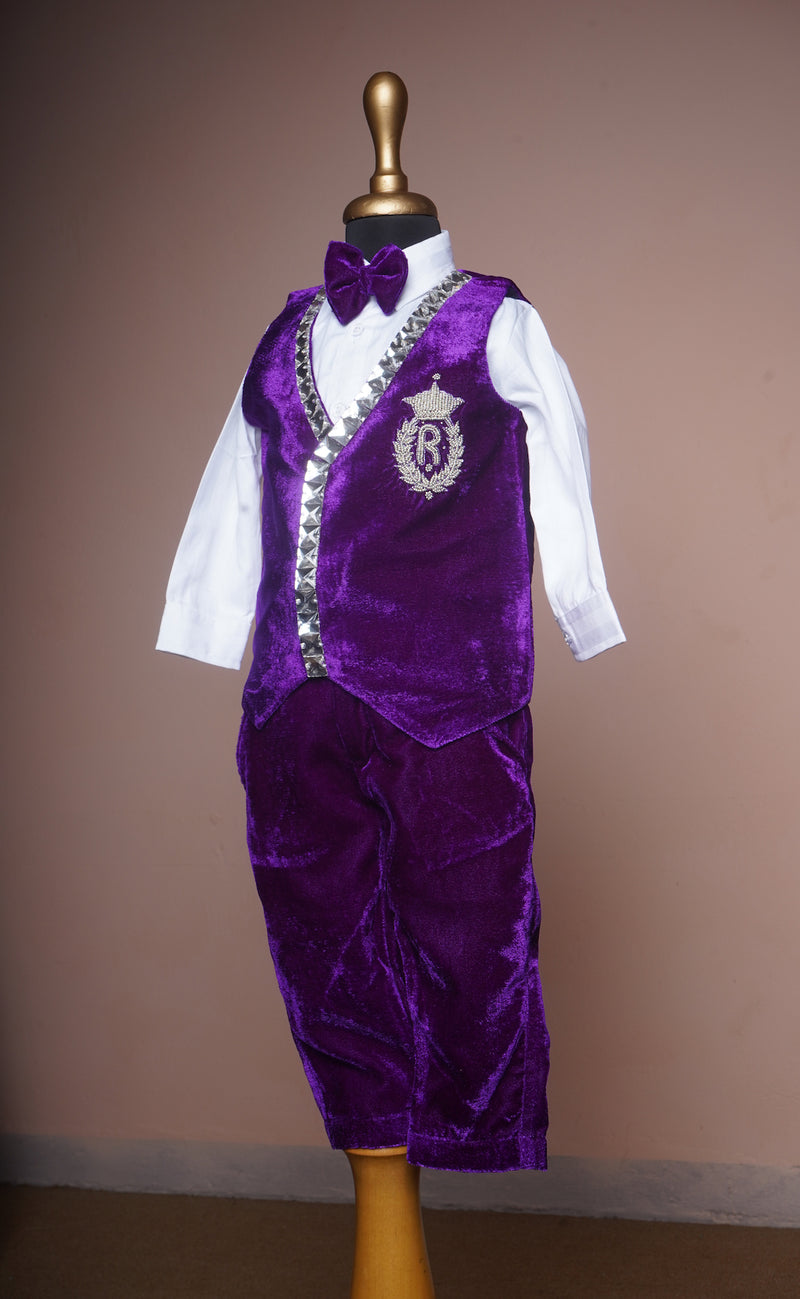 Violet Velvet and White Cotton Shirt with Special Embroidery work in Boy kid Birthday Wear