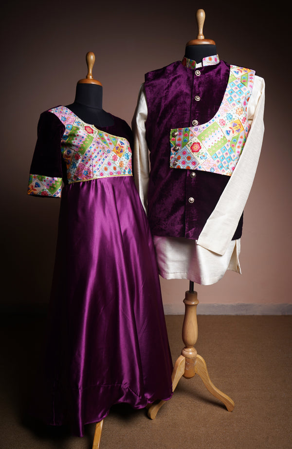 Purple Velvet and Embroidered Grand Fabric and Rawsilk and Satin Couple Clothing