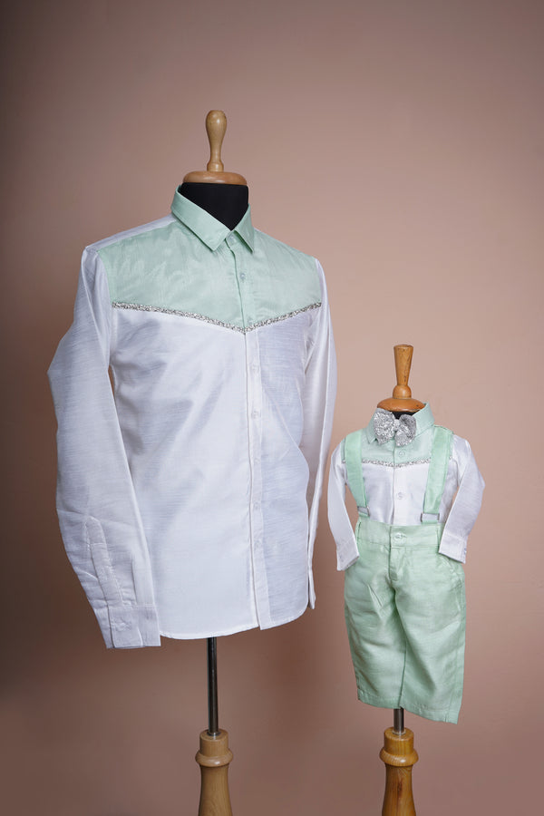 Light Green and White Rawsilk with Special Stone Foil Patch work in Dad and Son Party Wear
