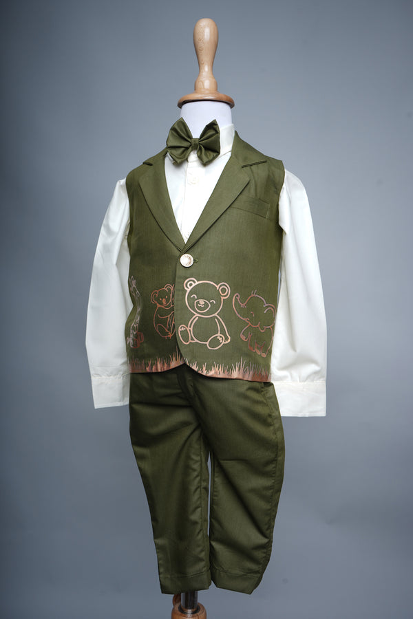 Green Carvette and White Cotton Shirt with Animal Foil Design Work Boy kid First Birthday Suits