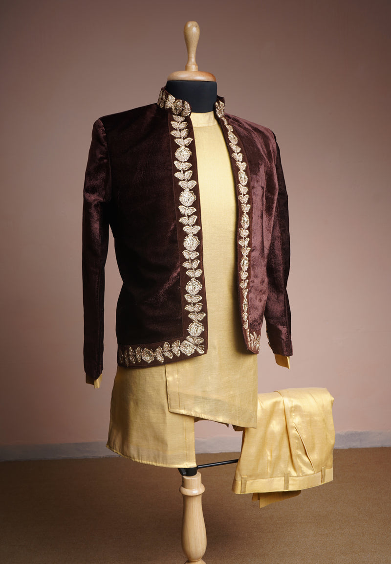 Dark Brown Velvet and Rawsilk with Special Machine Embroidery work in Mens Bridal Wear