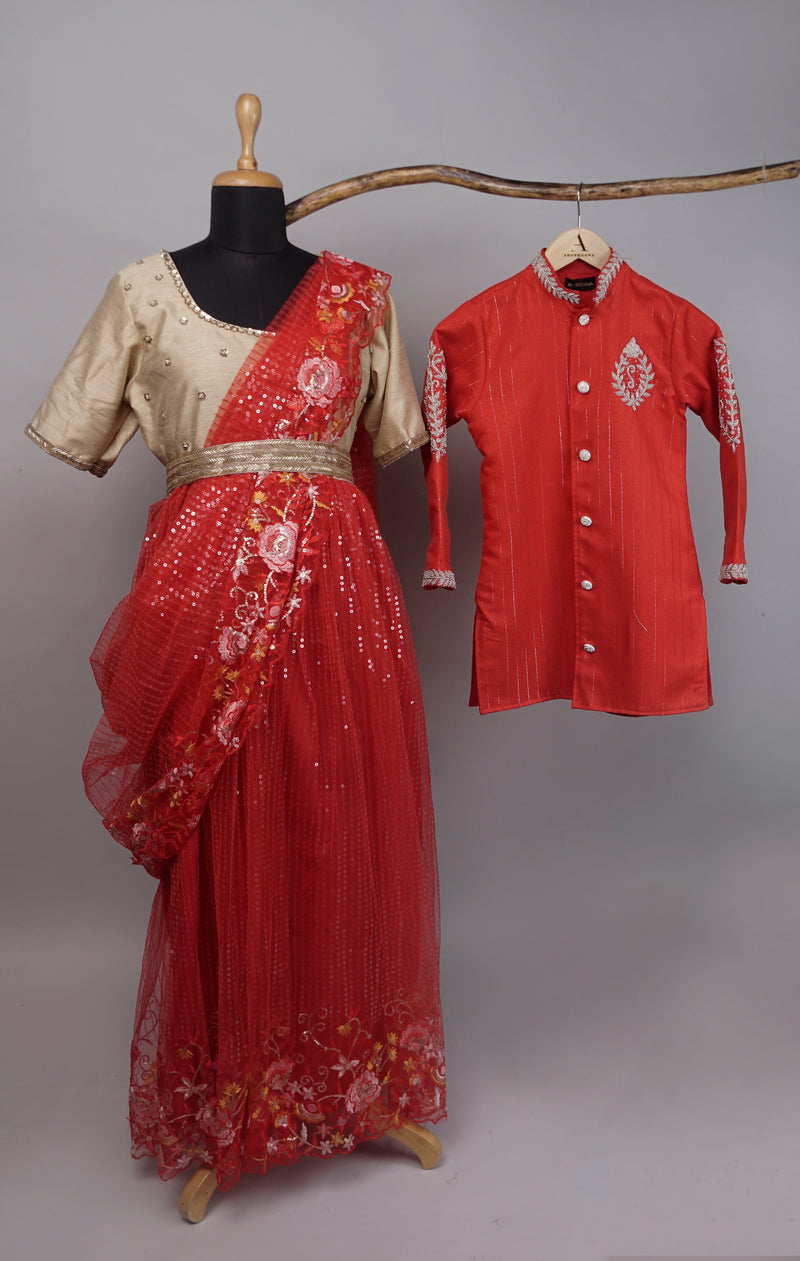 Red Aari Worked Semi Grand Mom and Son Combo Matching Set