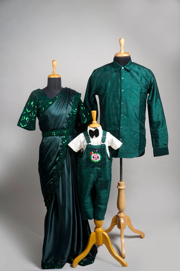 Green Satin Fancy Fabric and Rawsilk with Speacial Embroidery work in Family Clothing