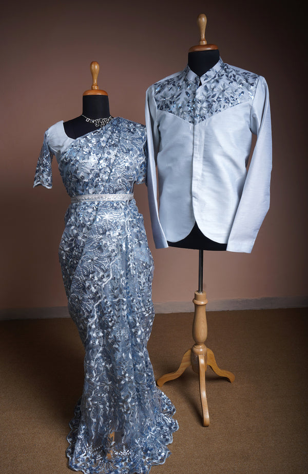 Light Blue Fancy Embroidery Net and rawsilk Couple Clothing