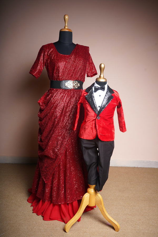 Red Velvet and Plain Red and Black Sequin with White Cotton Shirt  Mom and Son Combo