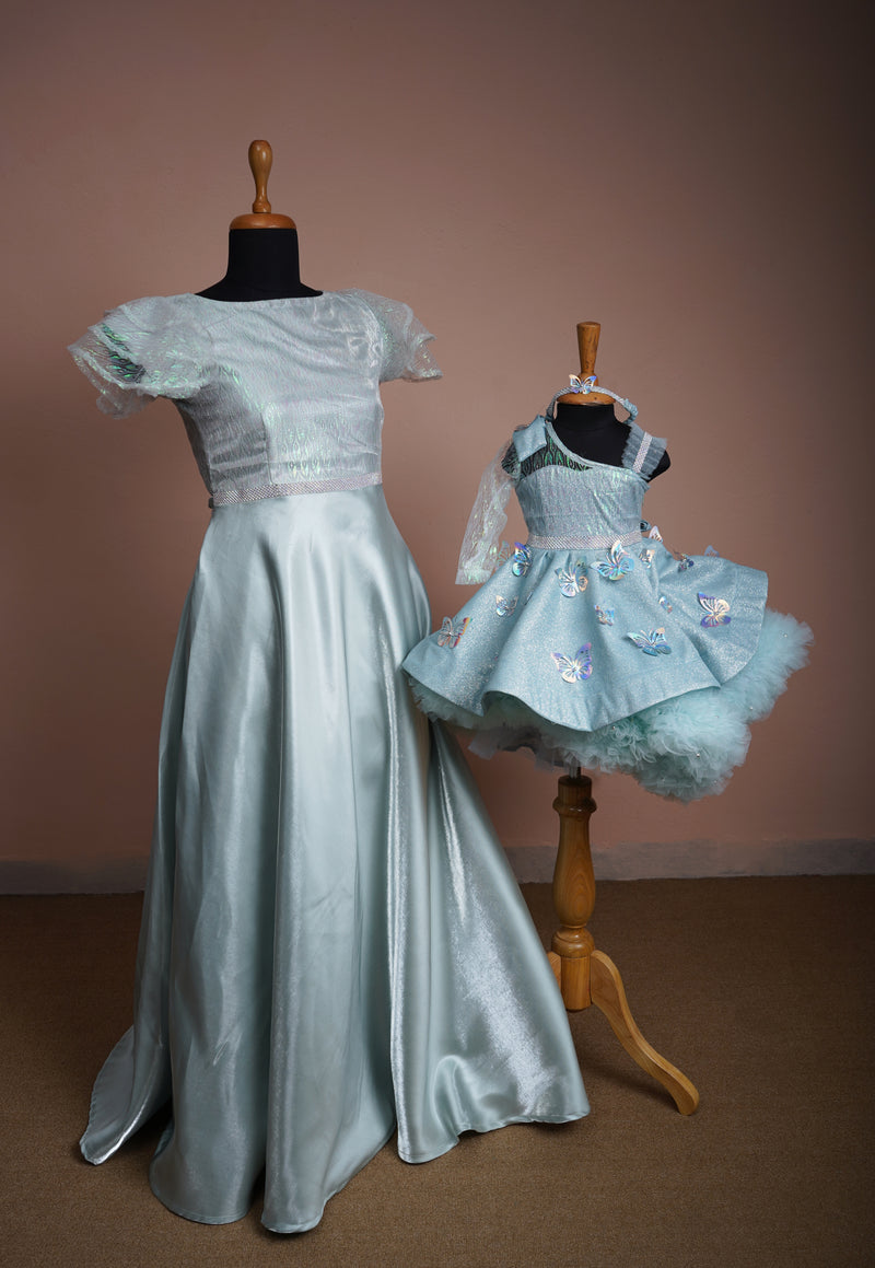 Light Blue Shimmer Satin and Holographic Organza and Glitter Fabric with Special Butterfly Work and Stone Patch Work Mom and Daughter Combo
