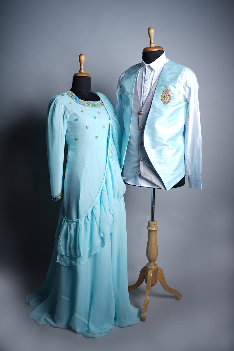 Sky Blue Rawsilk and Plain Georgette with Speacial Embroidery work in Couple Clothing